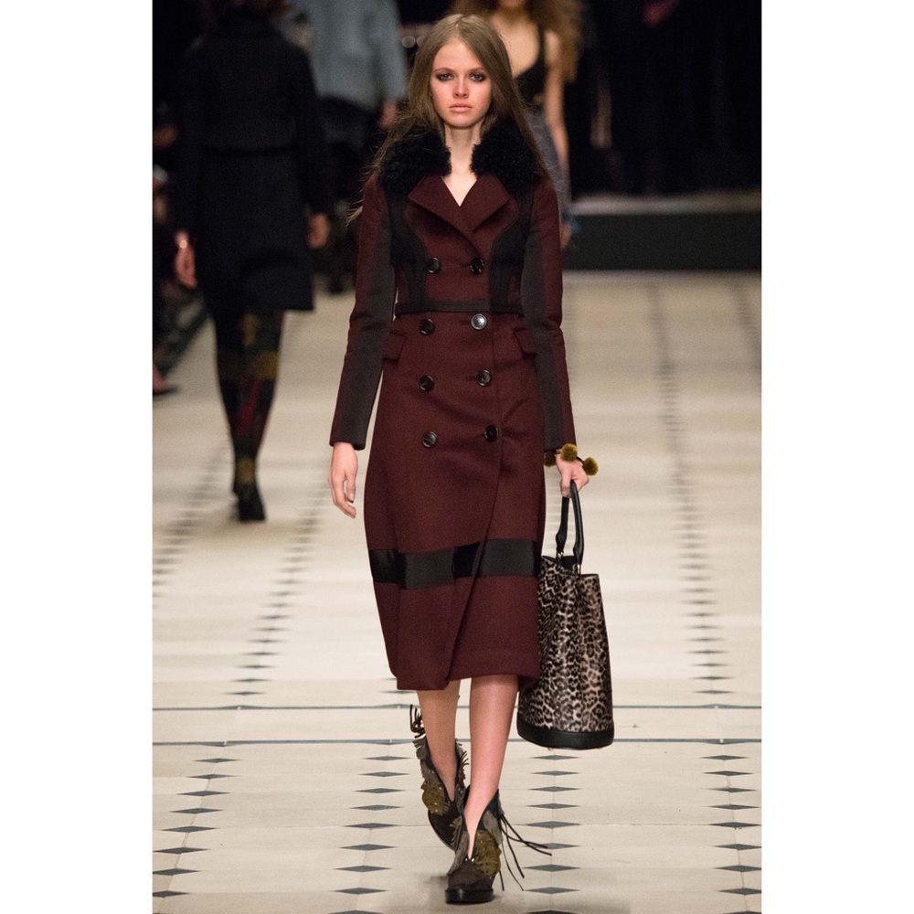 Burberry Prorsum Burgundy Winter Long Coat Cashmere Blend Fur Trim